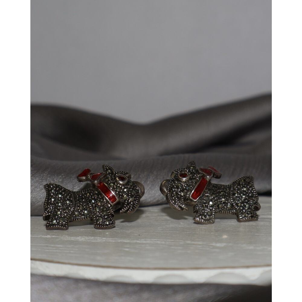 Judith Jack Sterling Silver Scottie Dog Marcasite & Garnet Earrings 6.60G / 0.4i